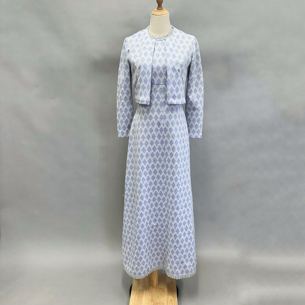 Vintage 70s polyester empire a line maxi dress w/ matching bolero jacket‎ Small